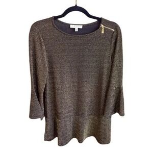 CHAUS Womens Black Gold Metallic Knit Bell Sleeve Zipper Accent Top Size Small